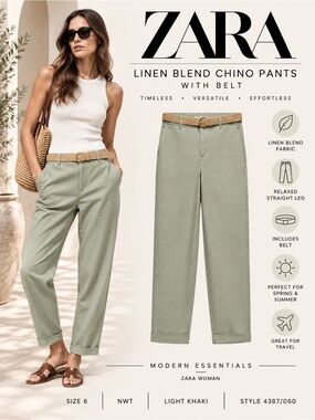 Zara Light Khaki Linen Blend Chino Pants Belt NWT Size 6